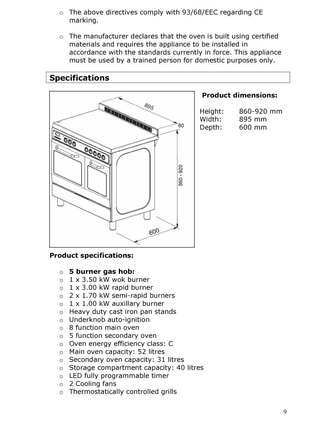 Baumatic BT2760SS manual Specifications, Product dimensions, Product specifications Burner gas hob 