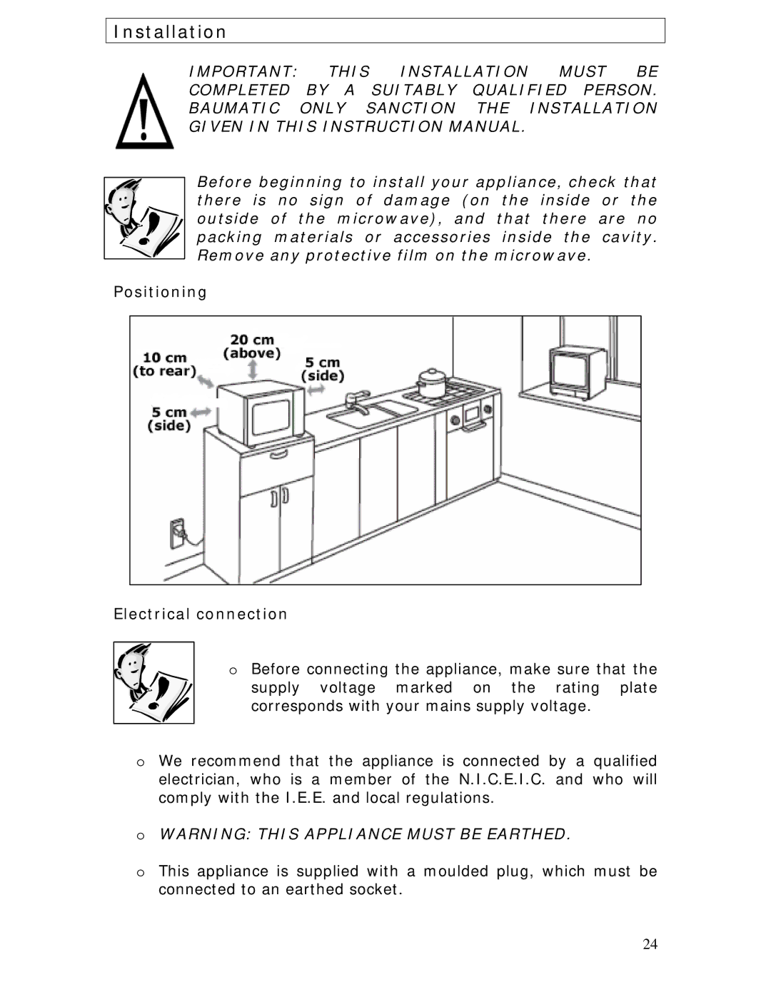 Baumatic BTM20.5SS manual Installation, Positioning Electrical connection 