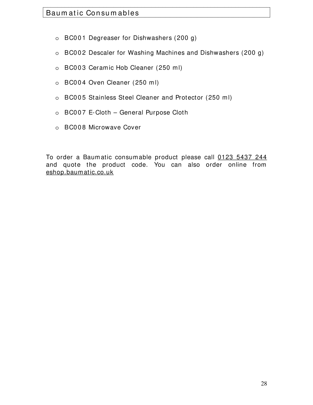 Baumatic BTM20.5SS manual Baumatic Consumables 