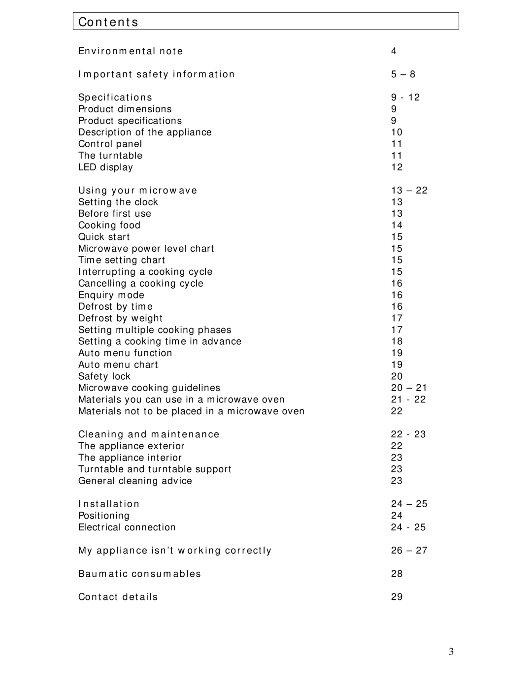 Baumatic BTM20.5SS manual Contents 