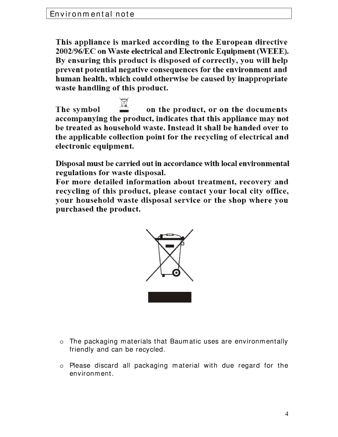 Baumatic BTM20.5SS manual Environmental note 