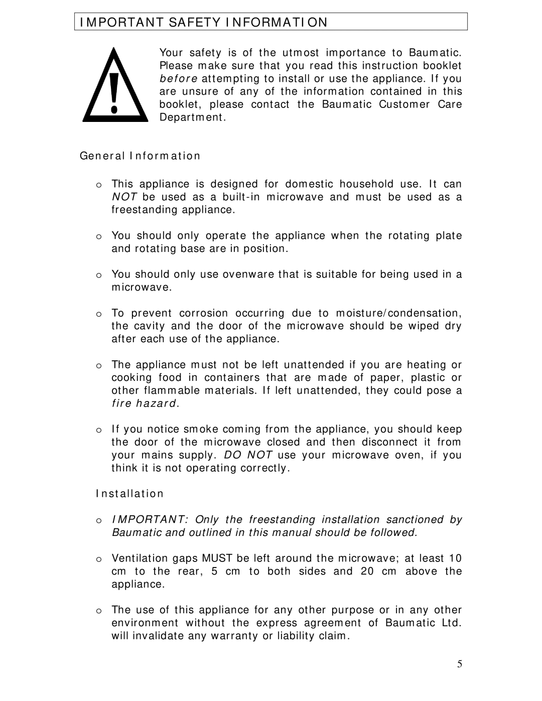 Baumatic BTM20.5SS manual General Information, Installation 