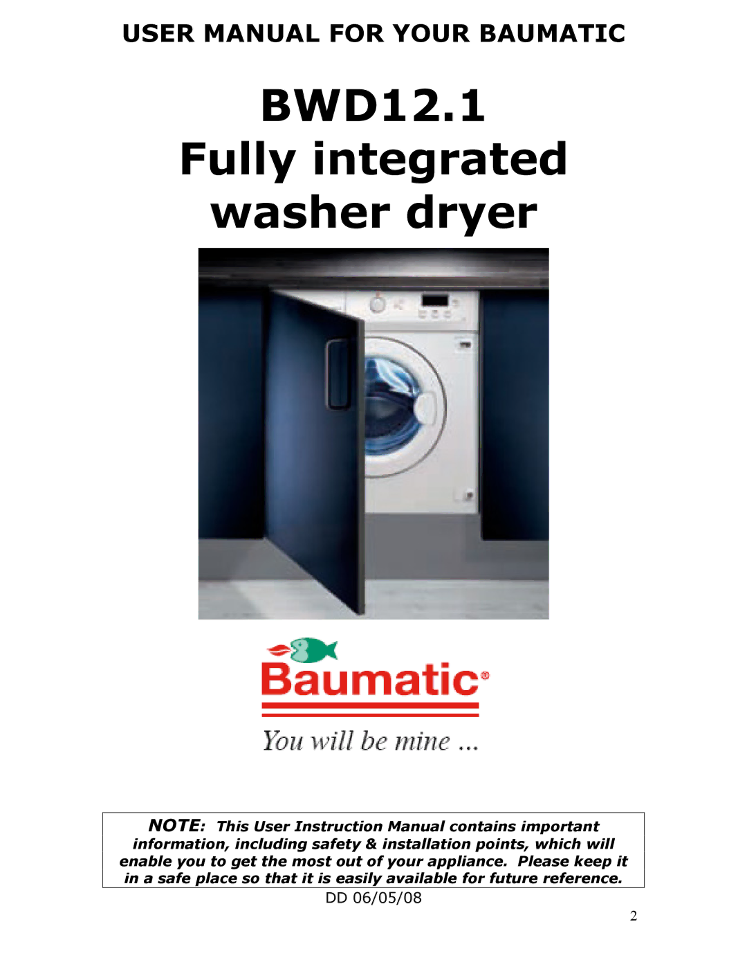 Baumatic manual BWD12.1 Fully integrated Washer dryer 