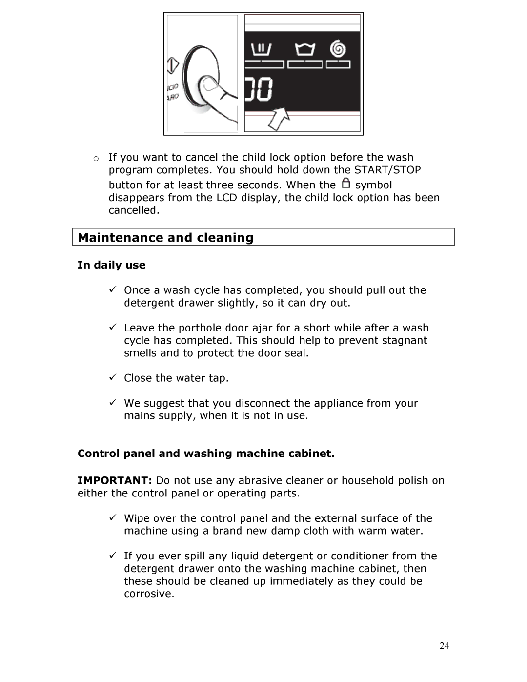 Baumatic BWD12.1 manual Maintenance and cleaning, Daily use, Control panel and washing machine cabinet 