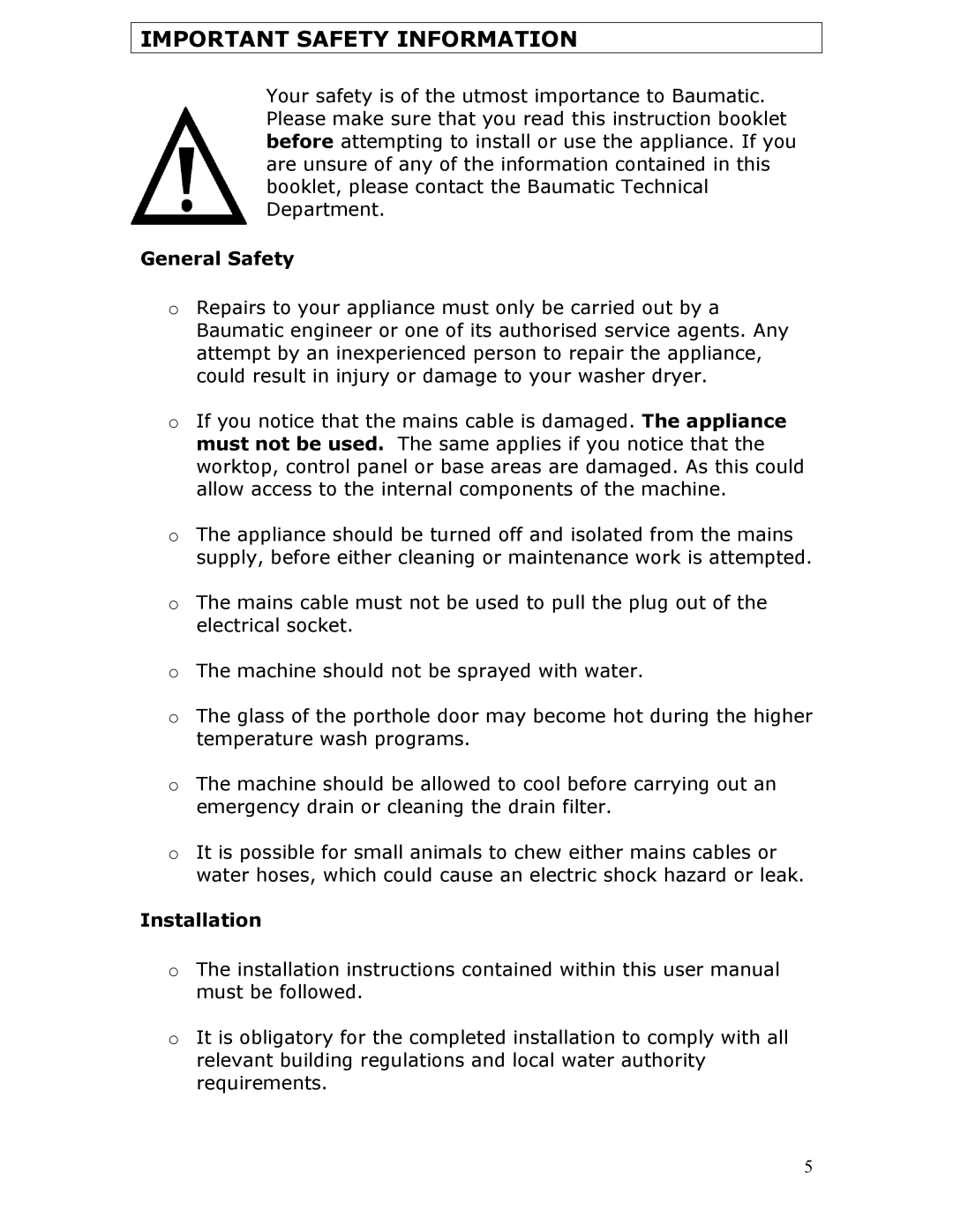 Baumatic BWD12.1 manual General Safety, Installation 