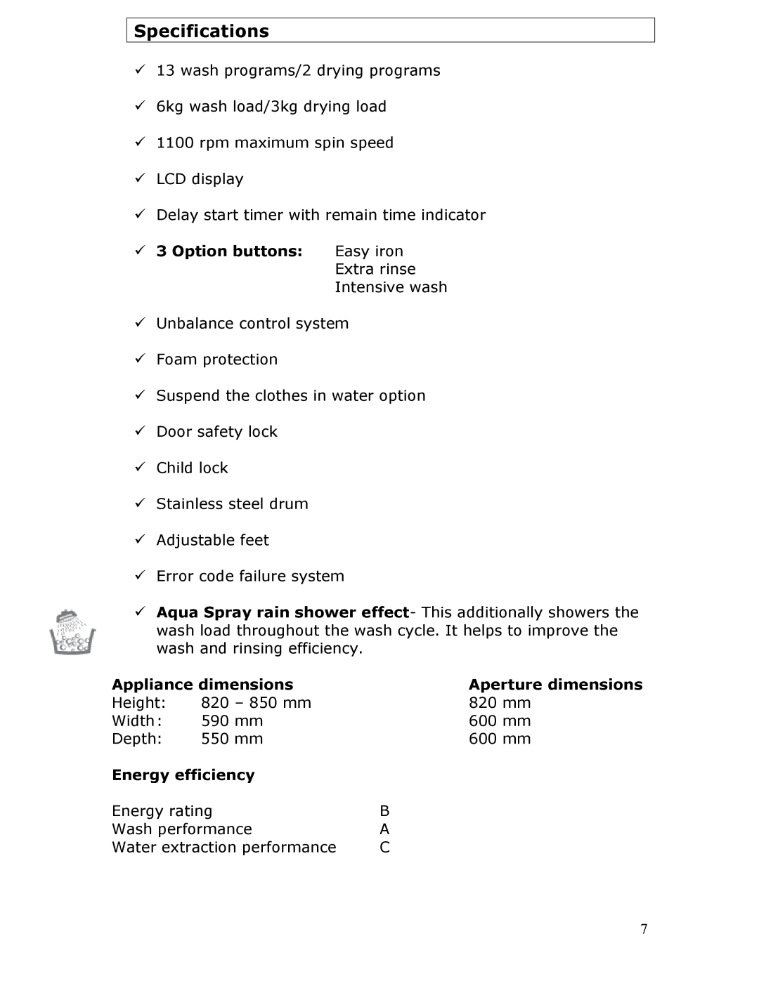 Baumatic BWD12.1 manual Specifications, Option buttons Easy iron Extra rinse Intensive wash, Energy efficiency 