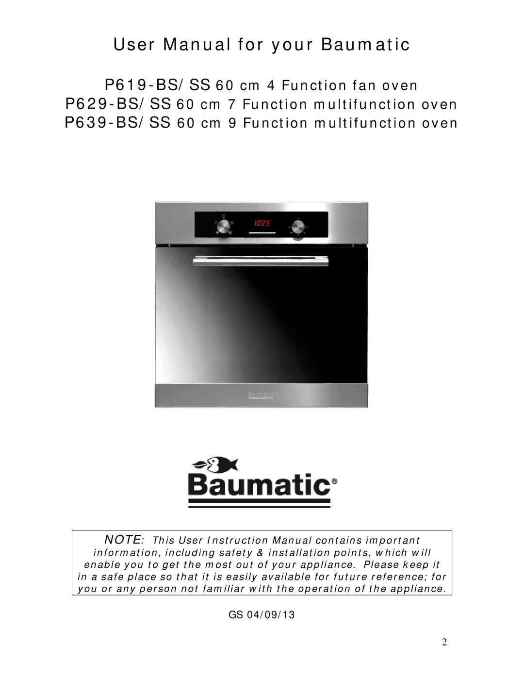 Baumatic P639SS manual GS 04/09/13 