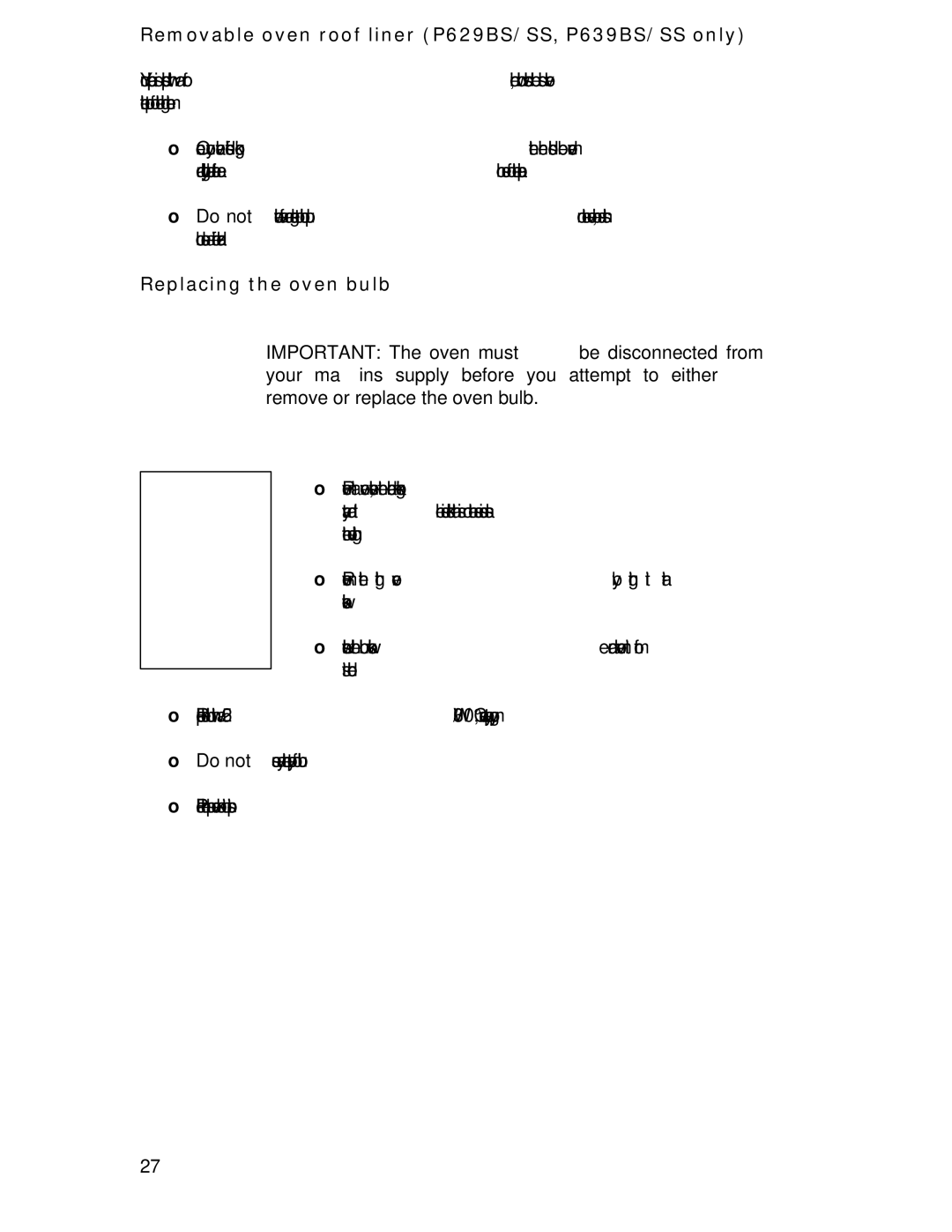 Baumatic P639SS manual Removable oven roof liner P629BS/SS, P639BS/SS only, Replacing the oven bulb 