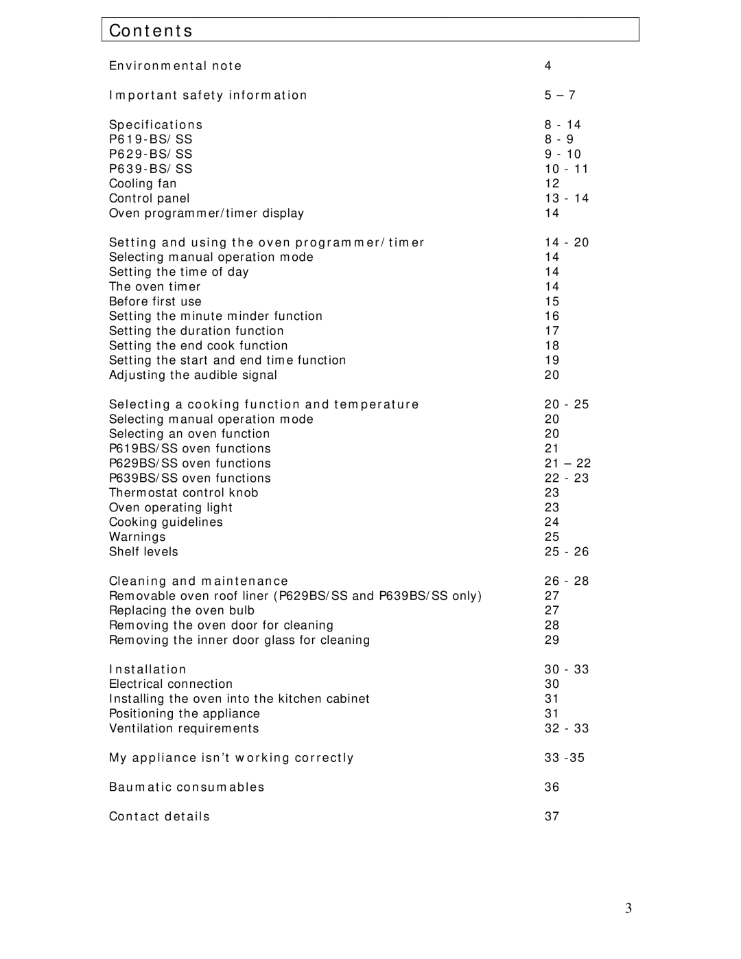 Baumatic P639SS manual Contents 