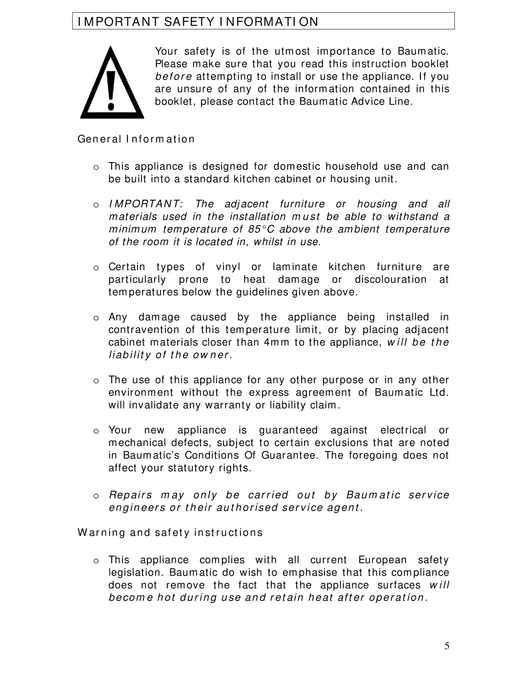 Baumatic P639SS manual Important Safety Information, General Information 