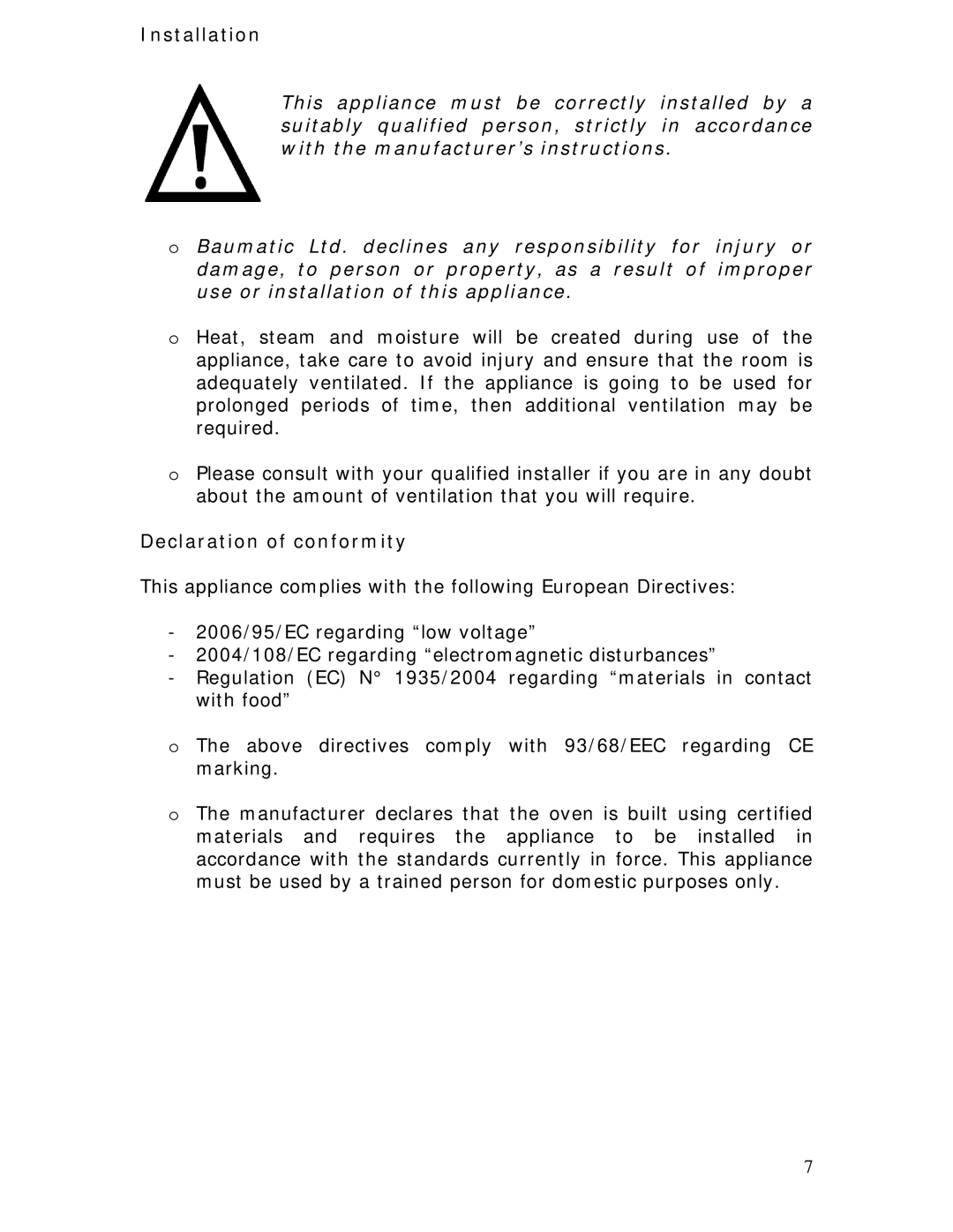 Baumatic P639SS manual Installation, Declaration of conformity 