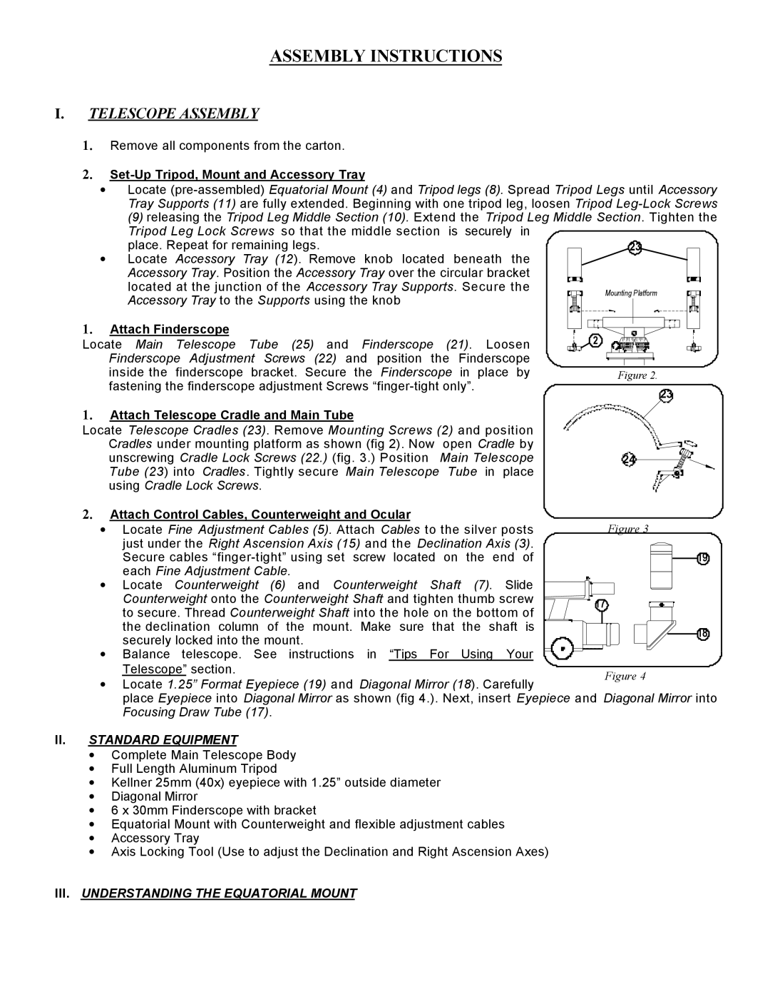 Bausch & Lomb 78-0040 manual Standard Equipment, III. Understanding the Equatorial Mount 