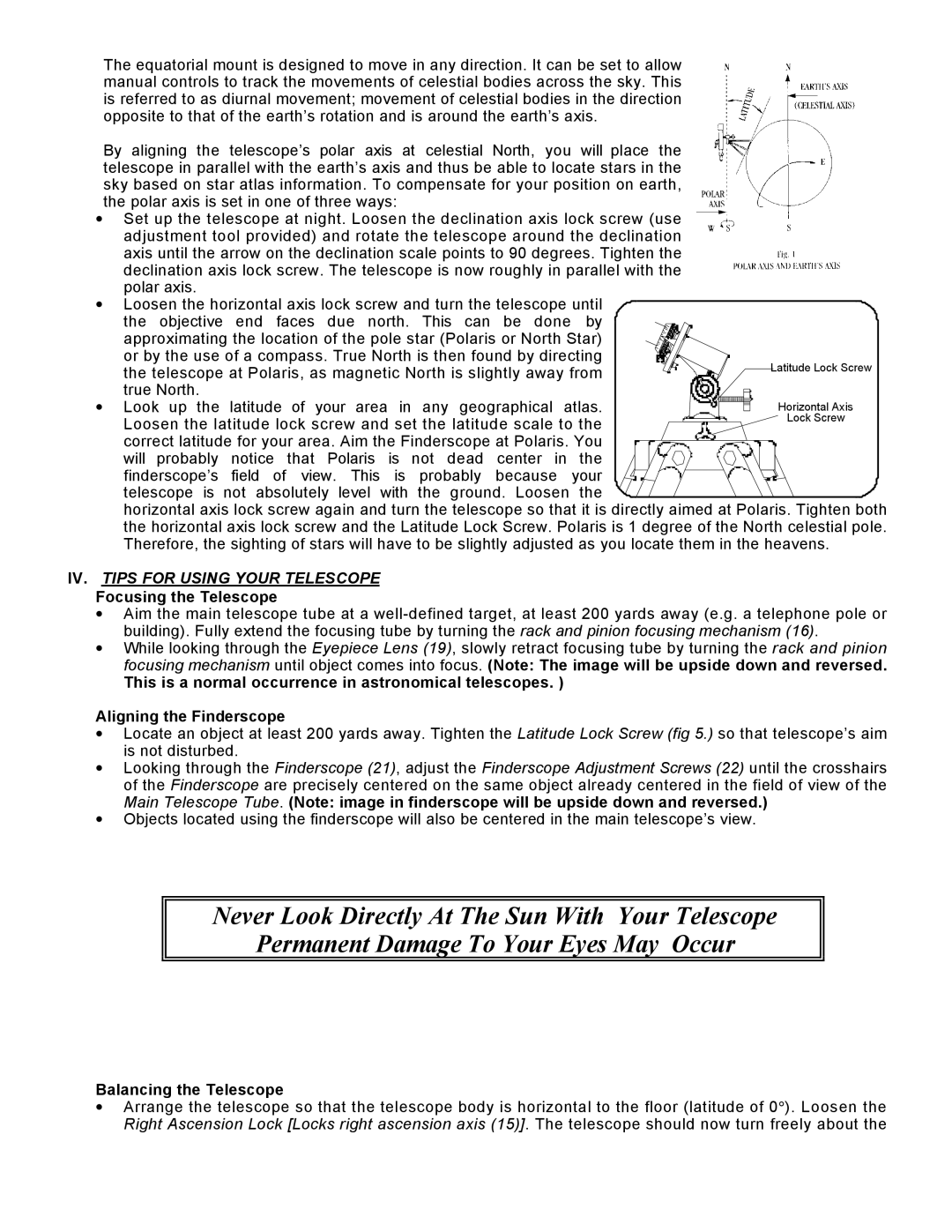 Bausch & Lomb 78-0040 manual IV. Tips for Using Your Telescope, Focusing the Telescope, Balancing the Telescope 