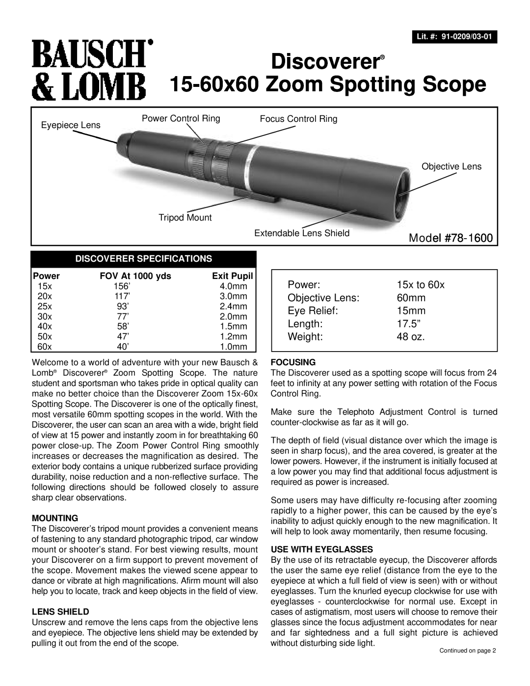 Bausch & Lomb specifications Discoverer 15-60x60 Zoom Spotting Scope, Model #78-1600 