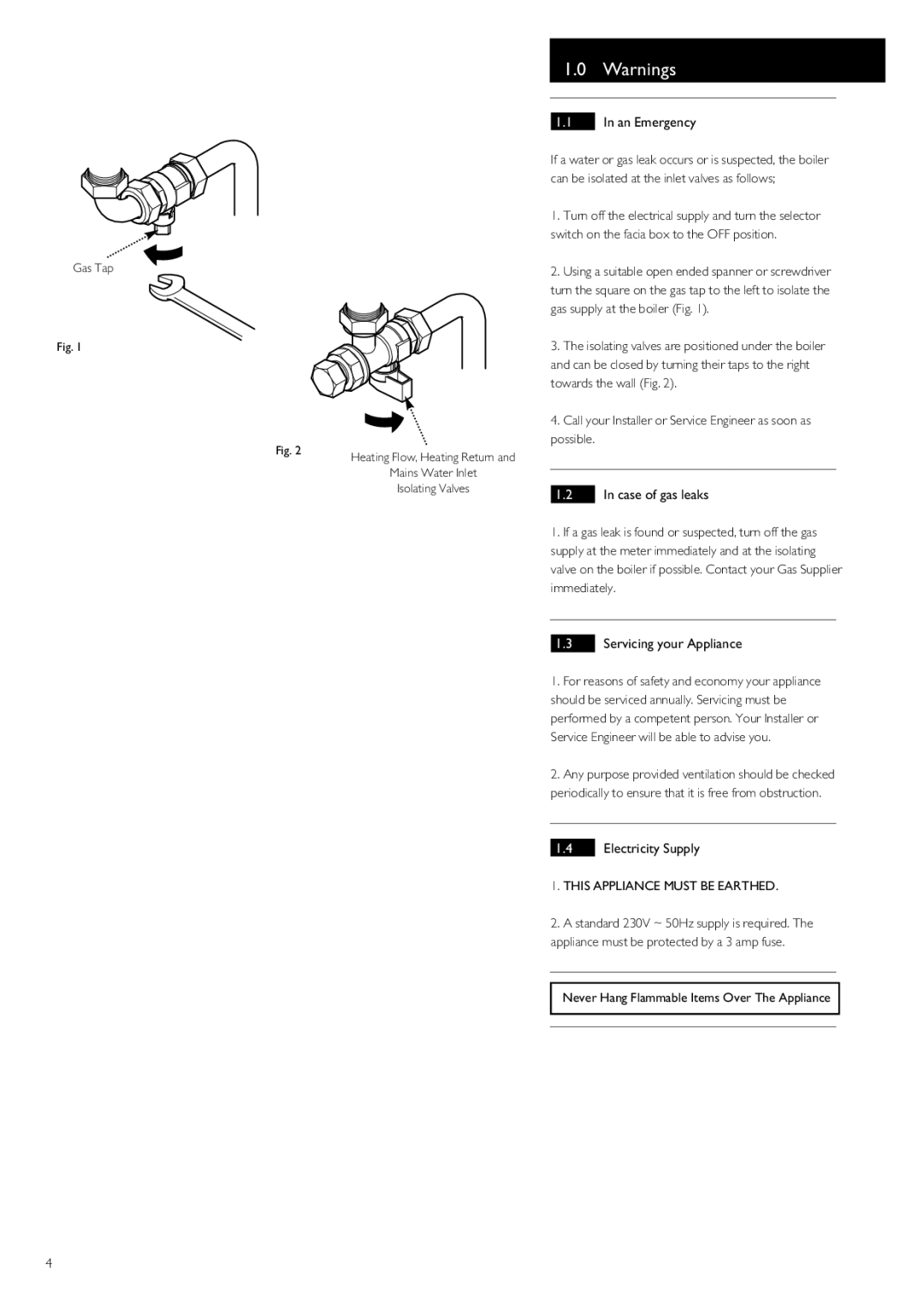 Baxi Potterton 105 HE, 80 HE manual An Emergency, Case of gas leaks, Servicing your Appliance, Electricity Supply 