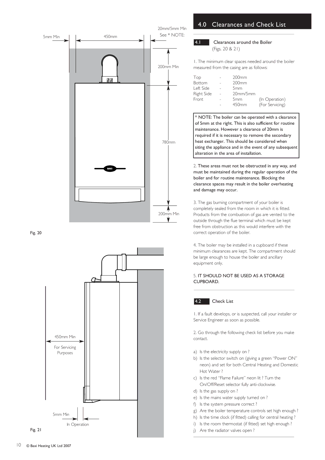 Baxi Potterton 105 HE operating instructions Clearances and Check List, Clearances around the Boiler, Figs 