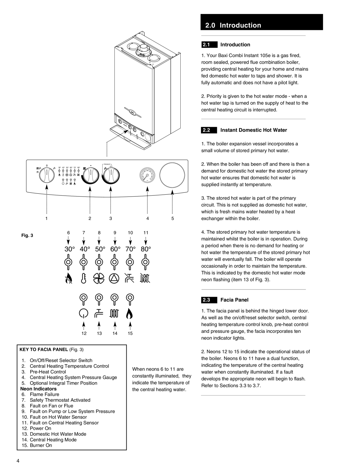 Baxi Potterton 105E manual Introduction, Instant Domestic Hot Water, Facia Panel 