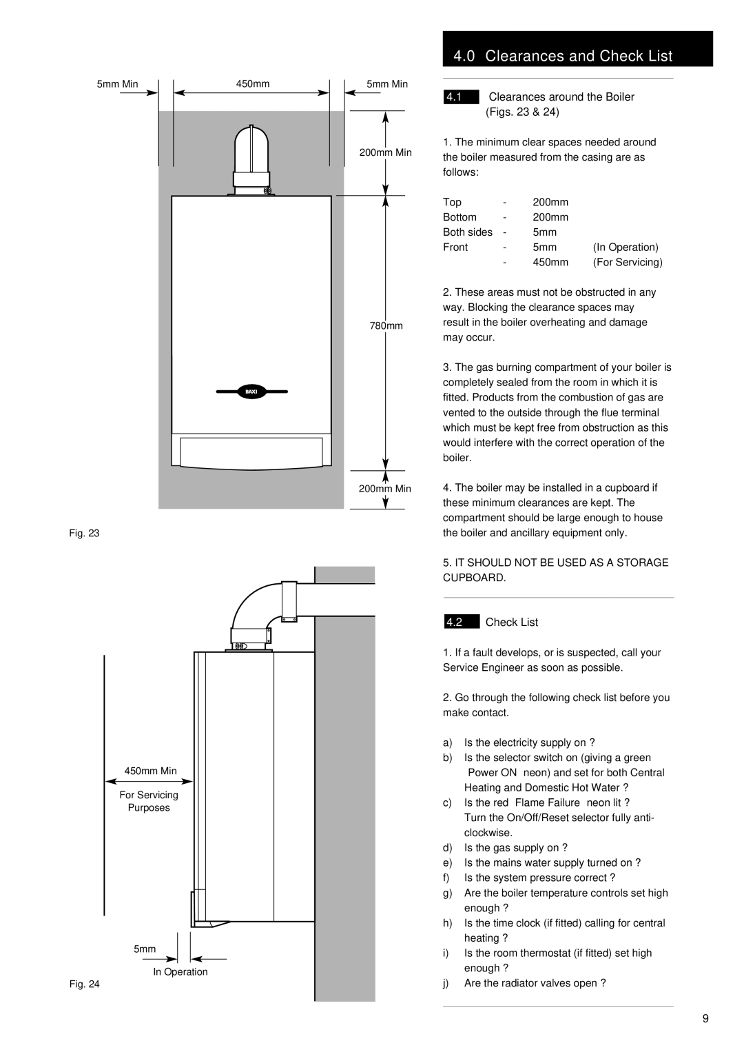 Baxi Potterton 105E manual Clearances and Check List, Clearances around the Boiler 