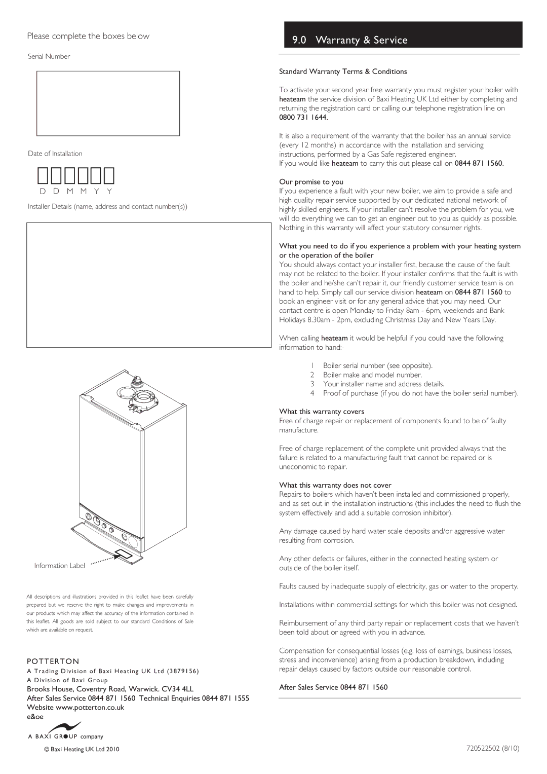 Baxi Potterton 18 HE A/24 HEA A/28HE A warranty Warranty & Service, Please complete the boxes below 