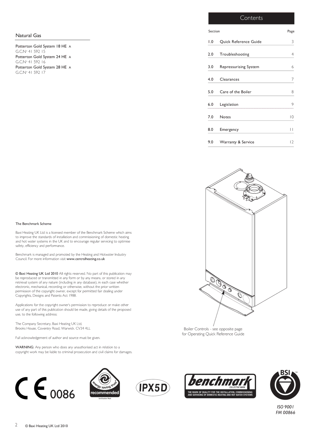 Baxi Potterton 18 HE A/24 HEA A/28HE A warranty 0086, Contents 