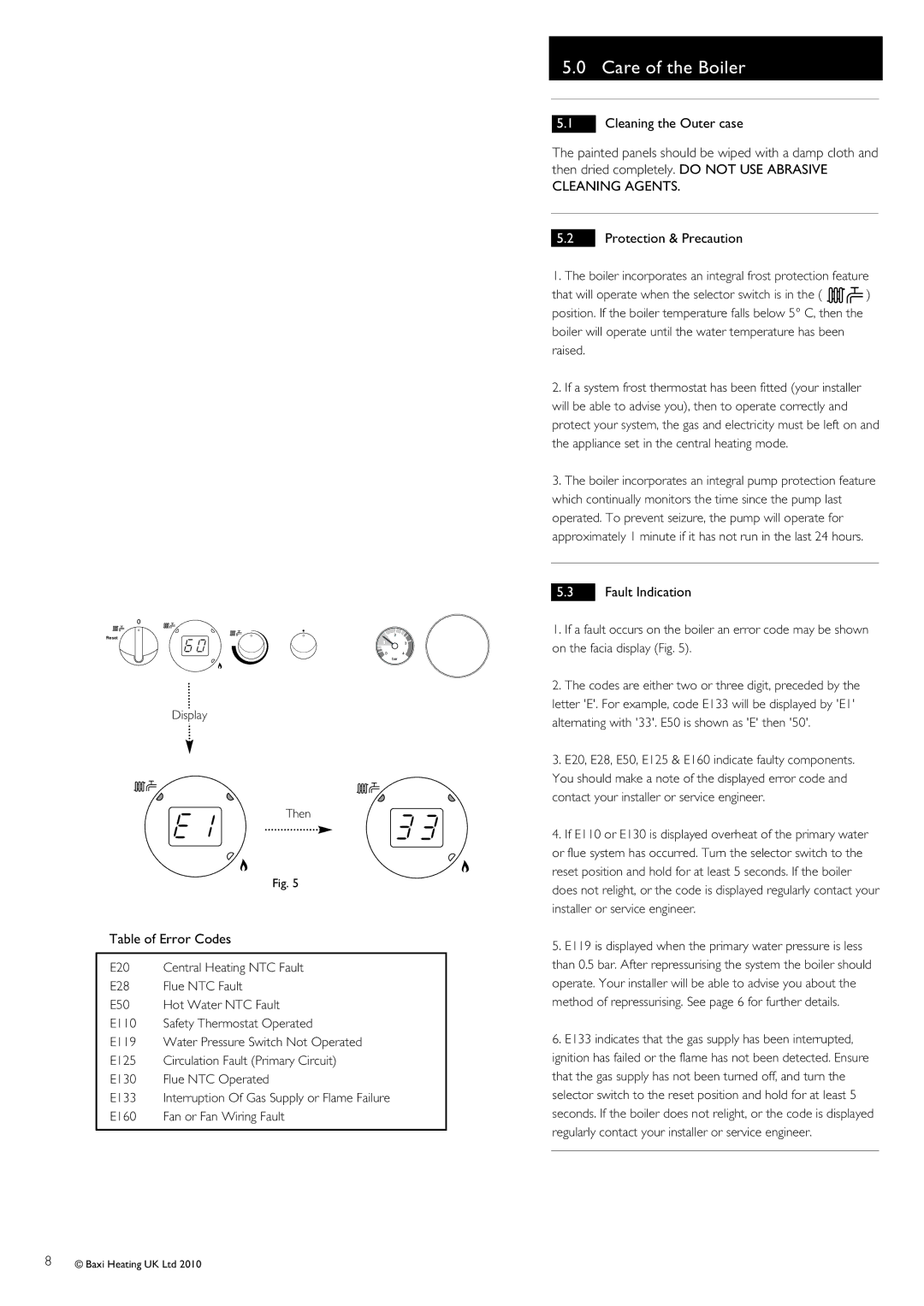 Baxi Potterton 18 HE A/24 HEA A/28HE A warranty Care of the Boiler, Table of Error Codes, Fault Indication 