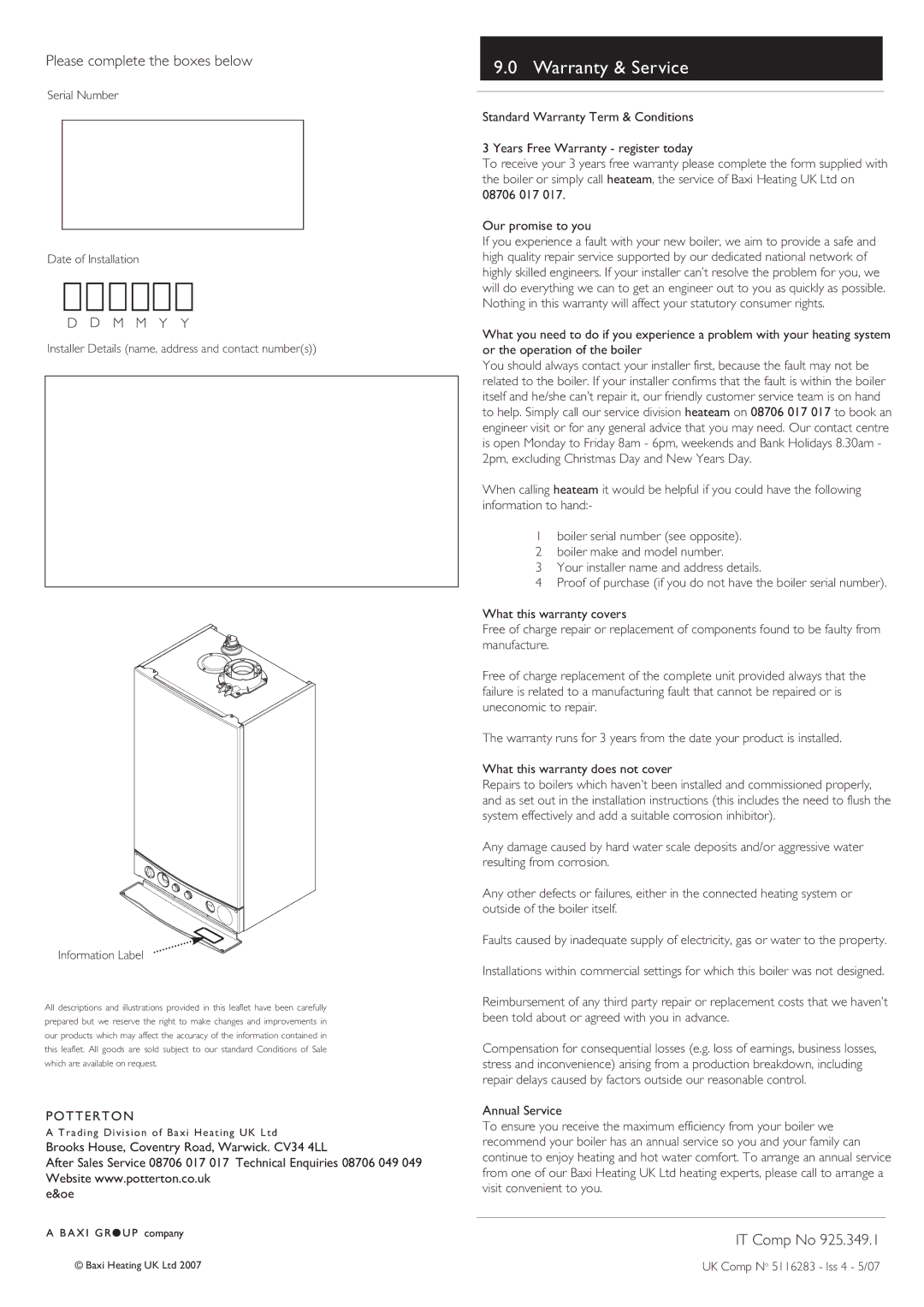 Baxi Potterton 24, 33 HE, 28 warranty Warranty & Service, Please complete the boxes below, IT Comp No 