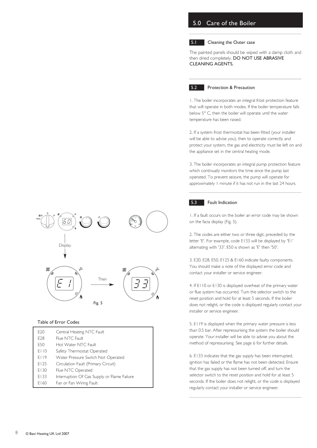 Baxi Potterton 28, 24, 33 HE warranty Care of the Boiler, Table of Error Codes, Fault Indication 