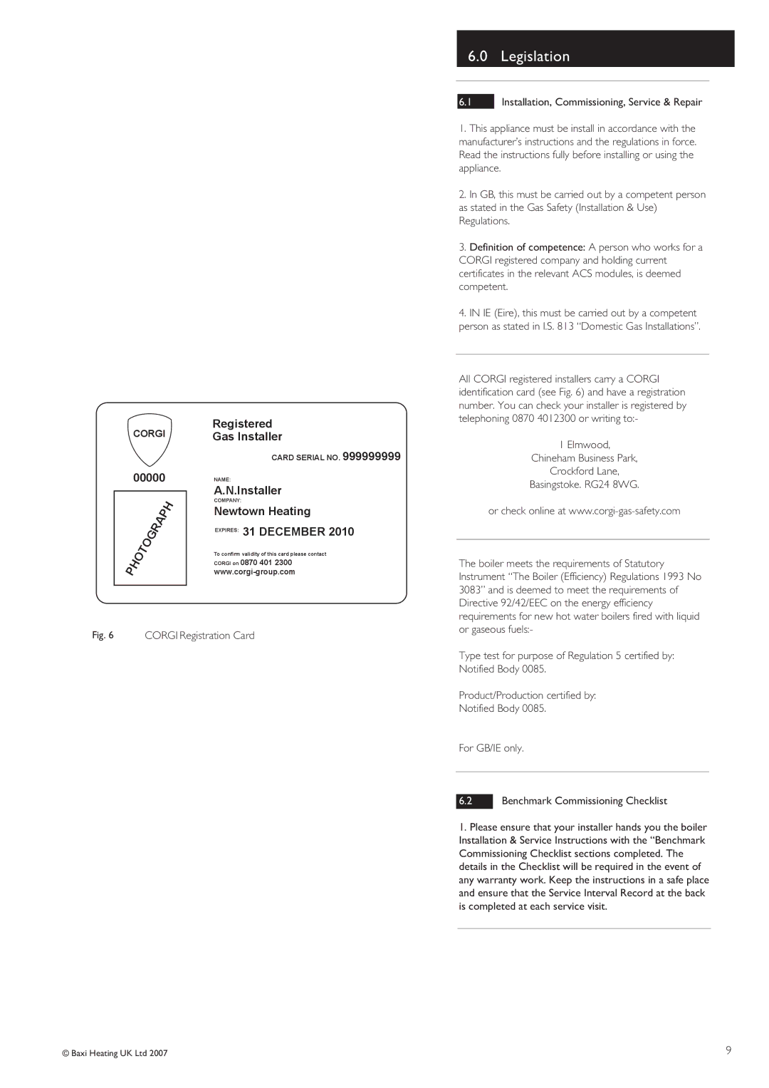 Baxi Potterton 24, 33 HE, 28 warranty Legislation, CORGIRegistration Card 