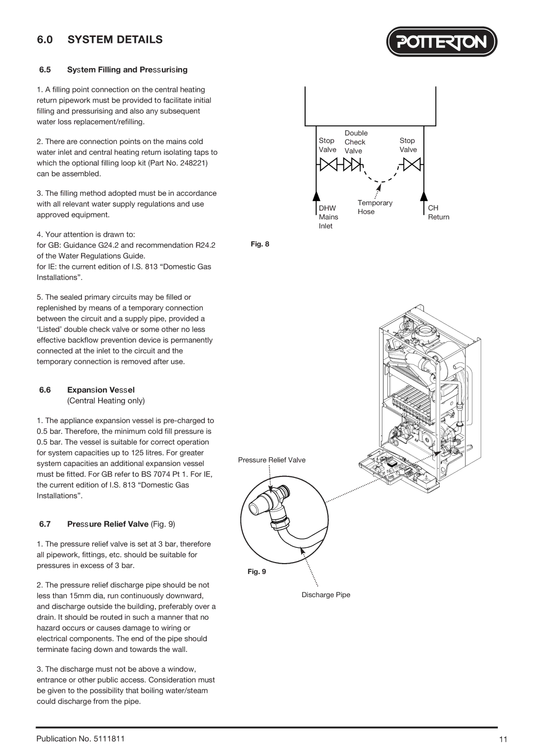 Baxi Potterton 24 Eco HE System Filling and Pressurising, Expansion Vessel Central Heating only, Pressure Relief Valve Fig 