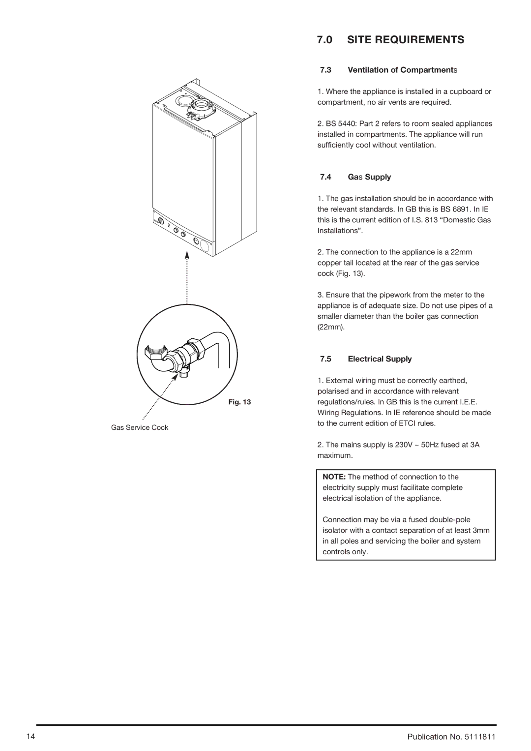 Baxi Potterton 24 Eco HE manual Ventilation of Compartments, Gas Supply, Electrical Supply 