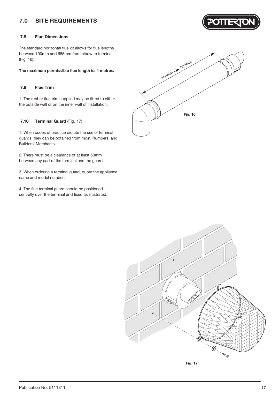 Baxi Potterton 24 Eco HE manual Flue Dimensions, Flue Trim, Terminal Guard Fig, Maximum permissible flue length is 4 metres 