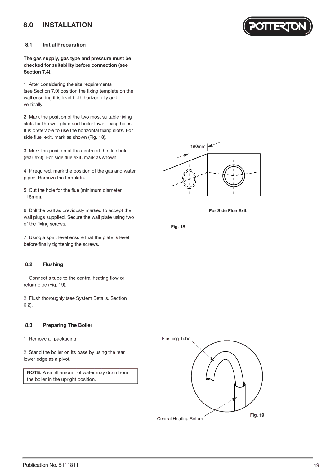 Baxi Potterton 24 Eco HE manual Installation, Initial Preparation, Flushing, Preparing The Boiler, For Side Flue Exit 