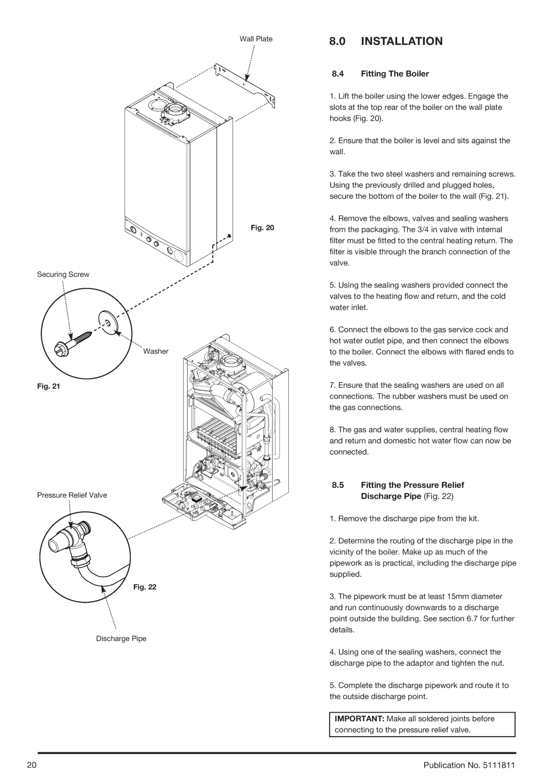 Baxi Potterton 24 Eco HE manual Fitting The Boiler, Fitting the Pressure Relief Discharge Pipe Fig 