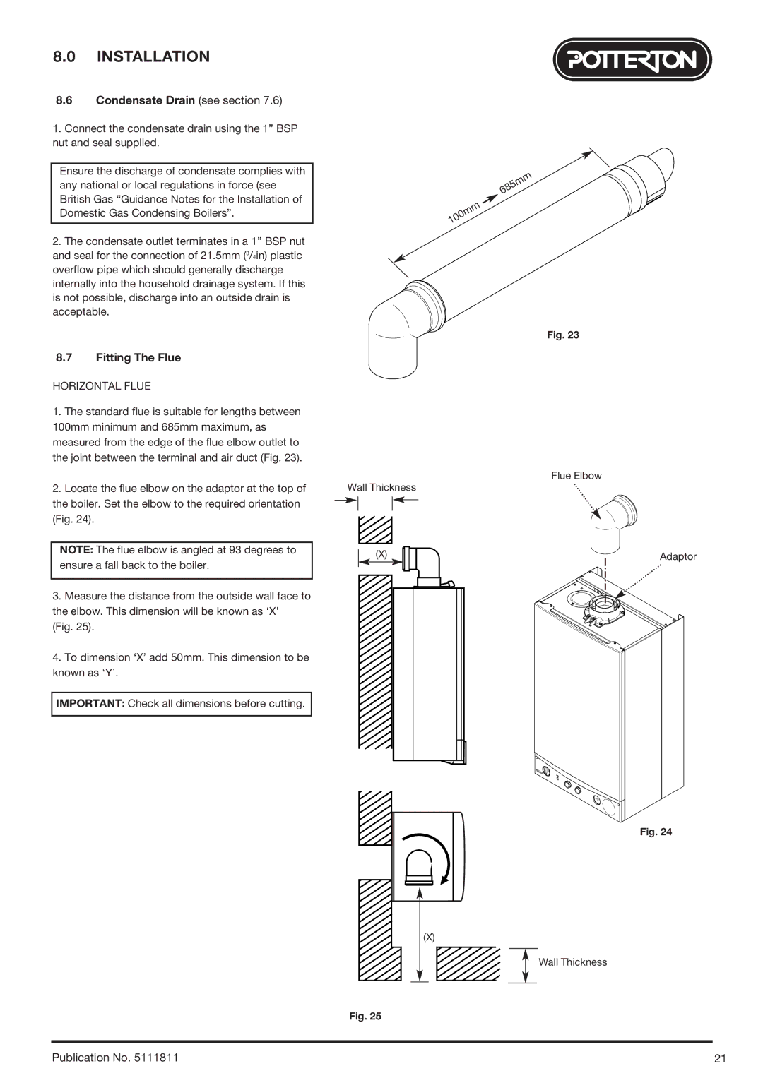 Baxi Potterton 24 Eco HE manual Condensate Drain see section, Fitting The Flue 