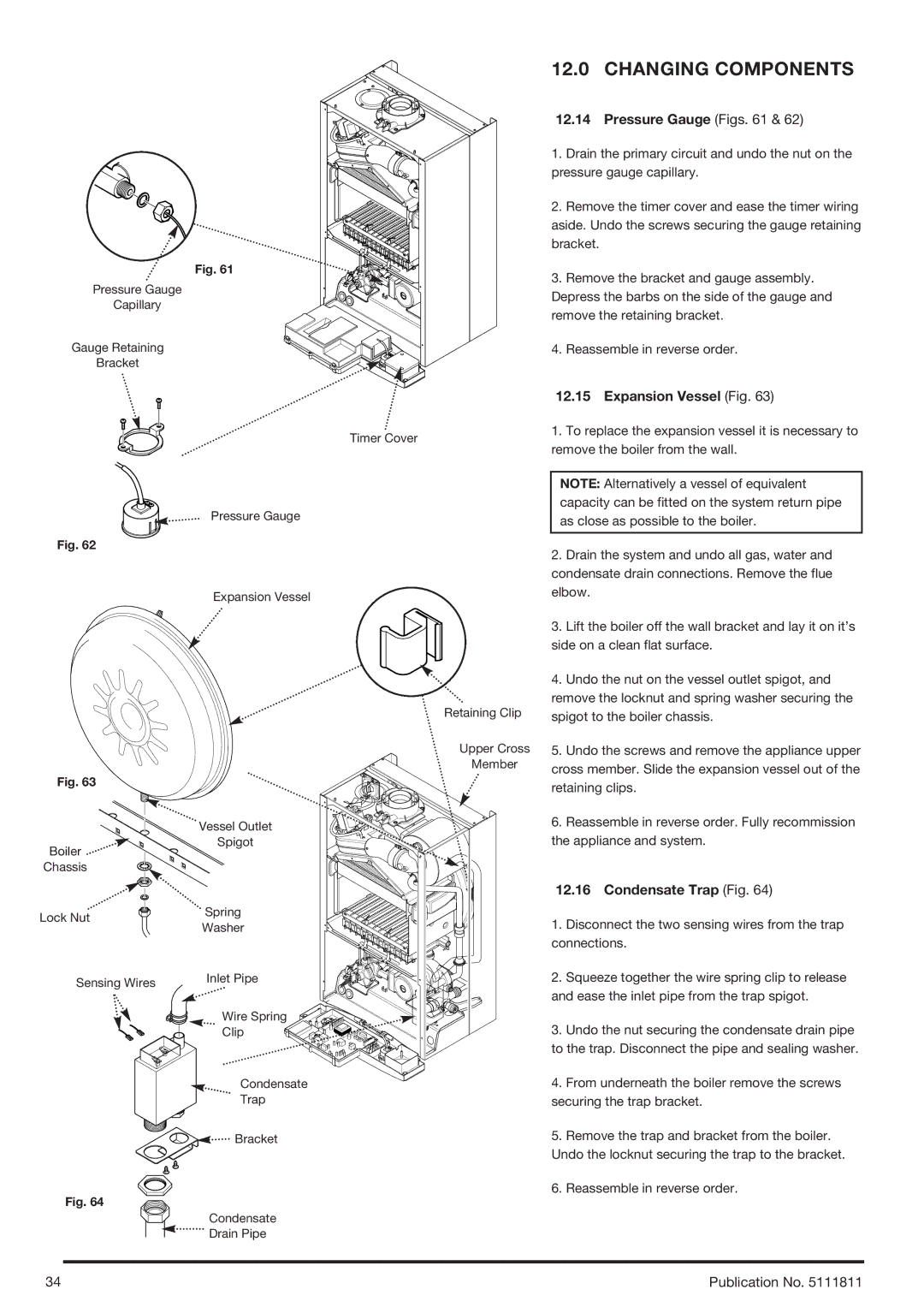 Baxi Potterton 24 Eco HE manual Pressure Gauge Figs, Expansion Vessel Fig, Condensate Trap Fig 