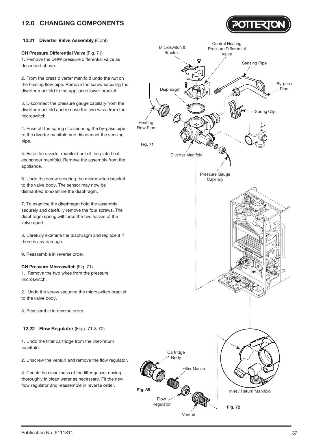 Baxi Potterton 24 Eco HE manual Diverter Valve Assembly, Flow Regulator Figs, CH Pressure Differential Valve Fig 