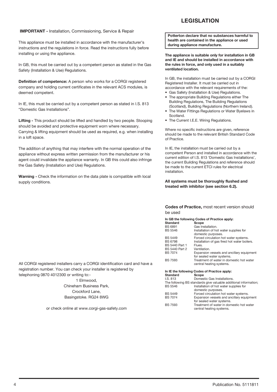 Baxi Potterton 24 Eco HE manual Legislation, Important Installation, Commissioning, Service & Repair 