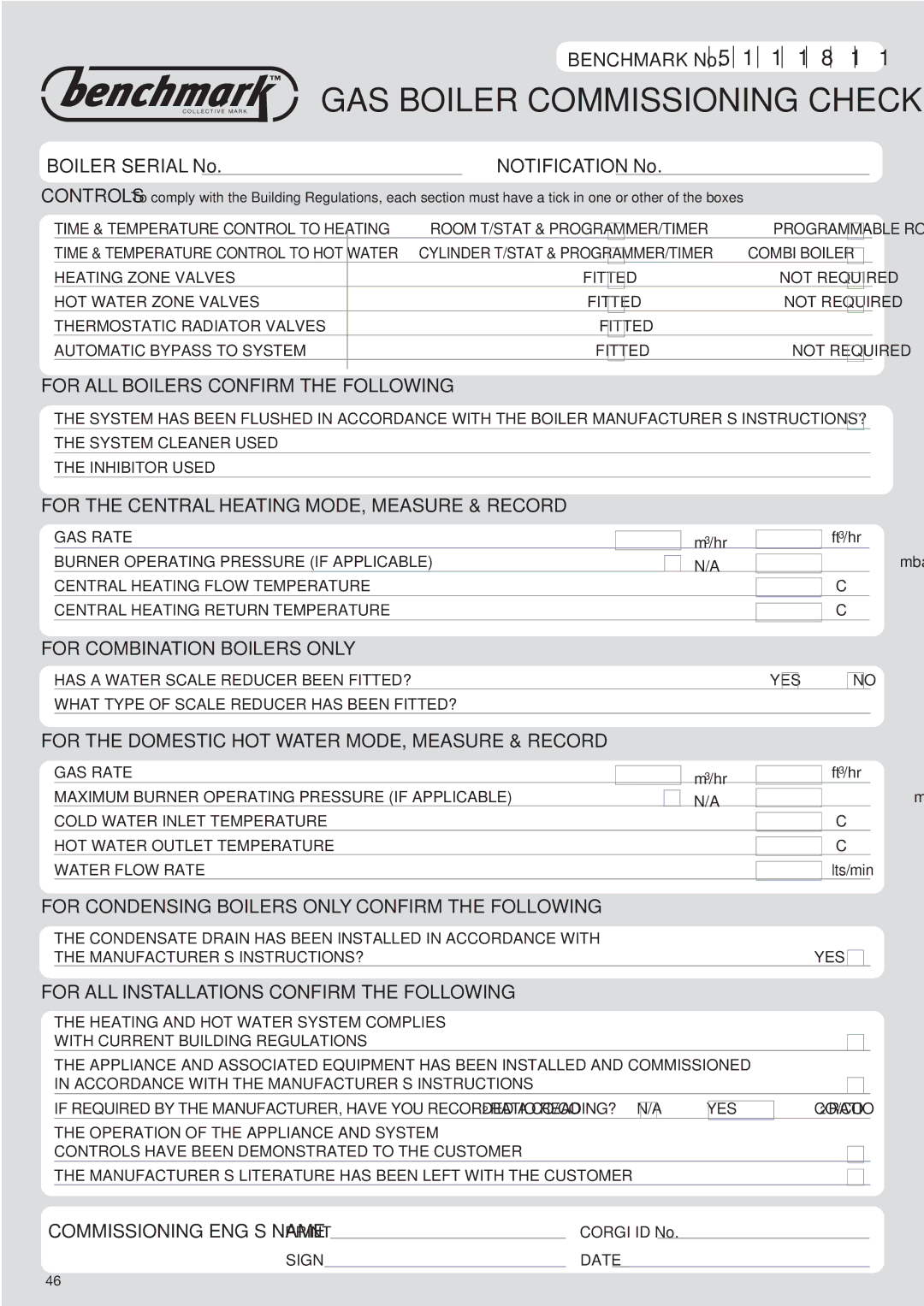 Baxi Potterton 24 Eco HE manual GAS Boiler Commissioning Checklist 