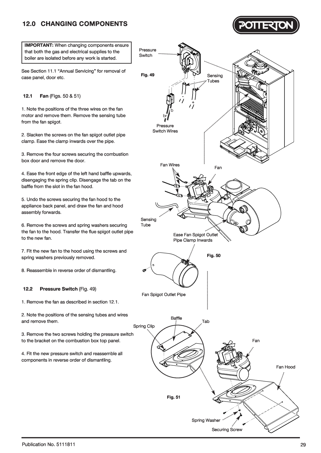 Baxi Potterton 24 Eco HE manual Changing Components, Fan Figs. 50, Pressure Switch Fig, Publication No 