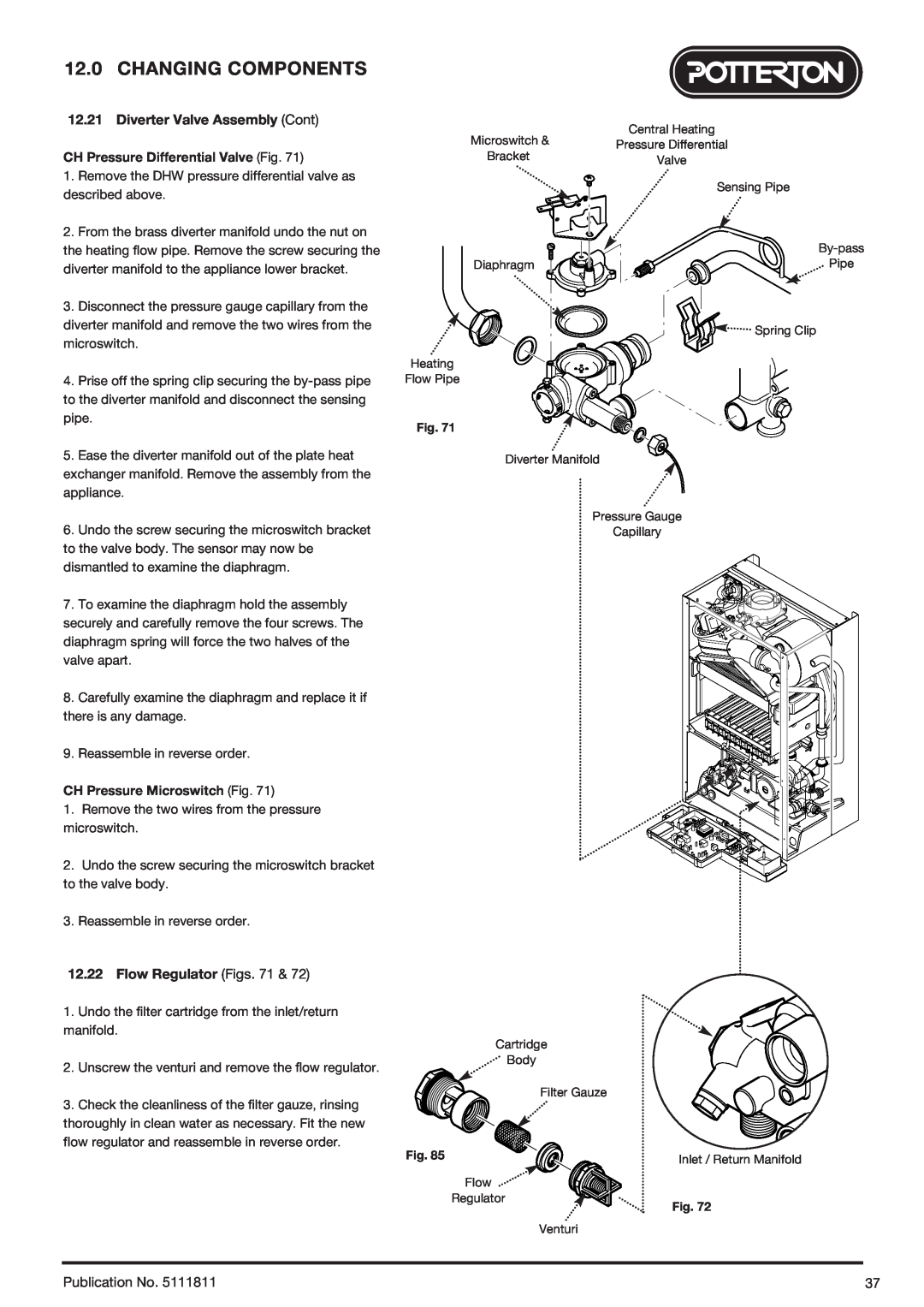Baxi Potterton 24 Eco HE manual Diverter Valve Assembly Cont, Flow Regulator Figs. 71, Publication No 