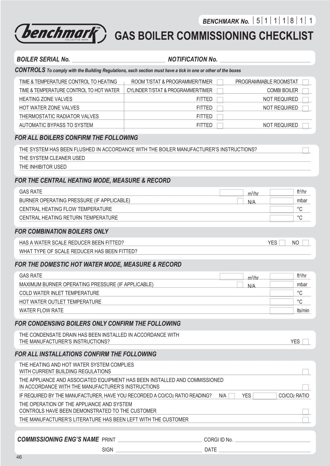 Baxi Potterton 24 Eco HE manual Gas Boiler Commissioning Checklist 