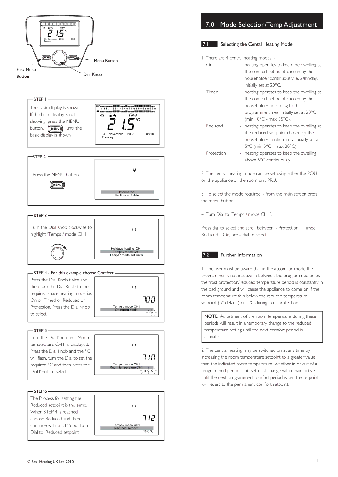 Baxi Potterton 24/1.0 Mode Selection/Temp Adjustment, Selecting the Cental Heating Mode, Further Information 