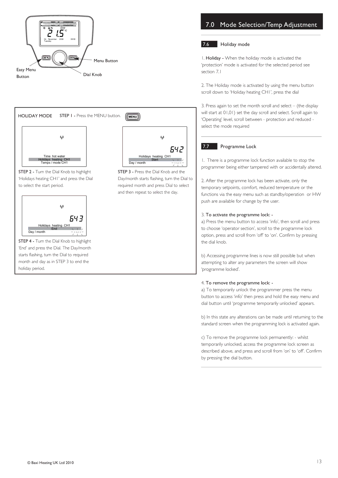 Baxi Potterton 24/1.0 operating instructions Holiday mode, Programme Lock 