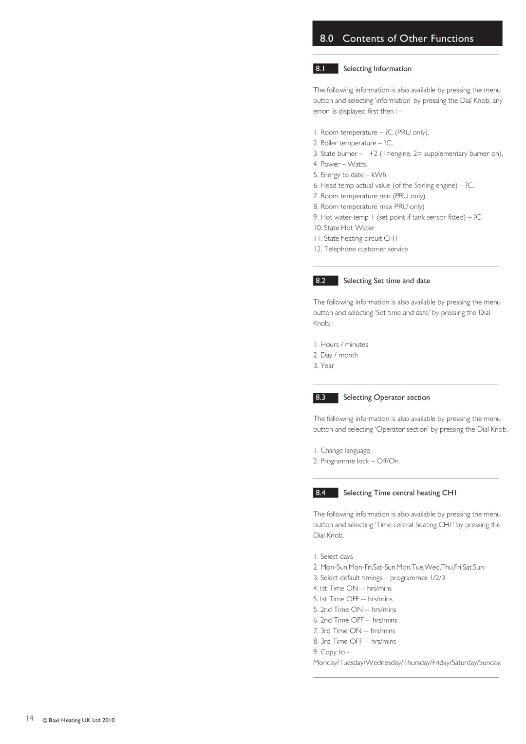 Baxi Potterton 24/1.0 operating instructions Contents of Other Functions 