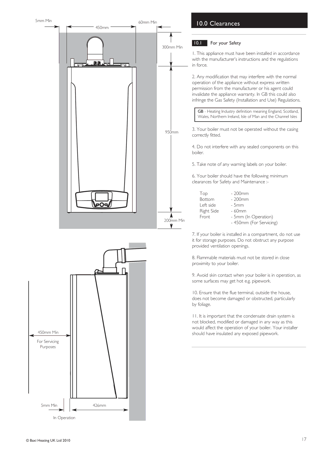 Baxi Potterton 24/1.0 Clearances, Top 200mm Bottom Left side 5mm Right Side 60mm Front, 5mm In Operation 