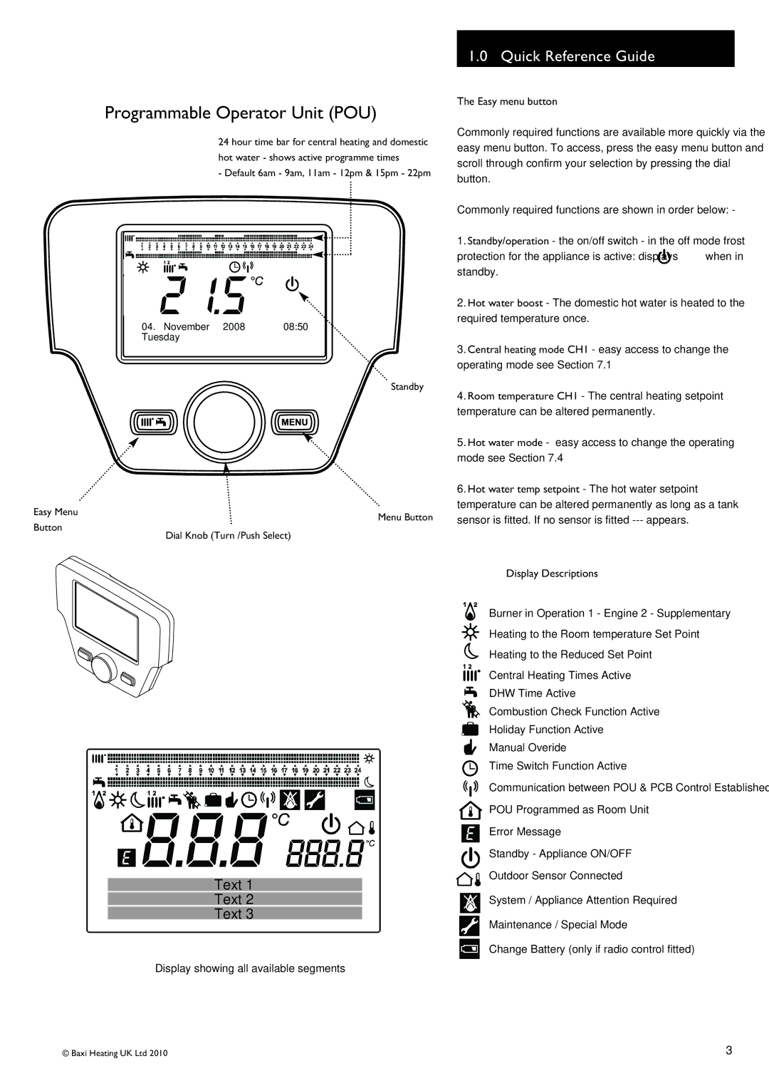 Baxi Potterton 24/1.0 Quick Reference Guide, Easy menu button, Default 6am 9am, 11am 12pm & 15pm 22pm 