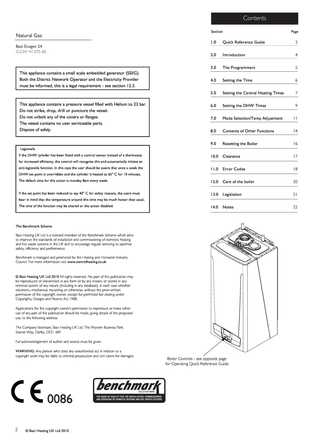 Baxi Potterton 24/1.0 operating instructions Contents, Natural Gas, 0086 