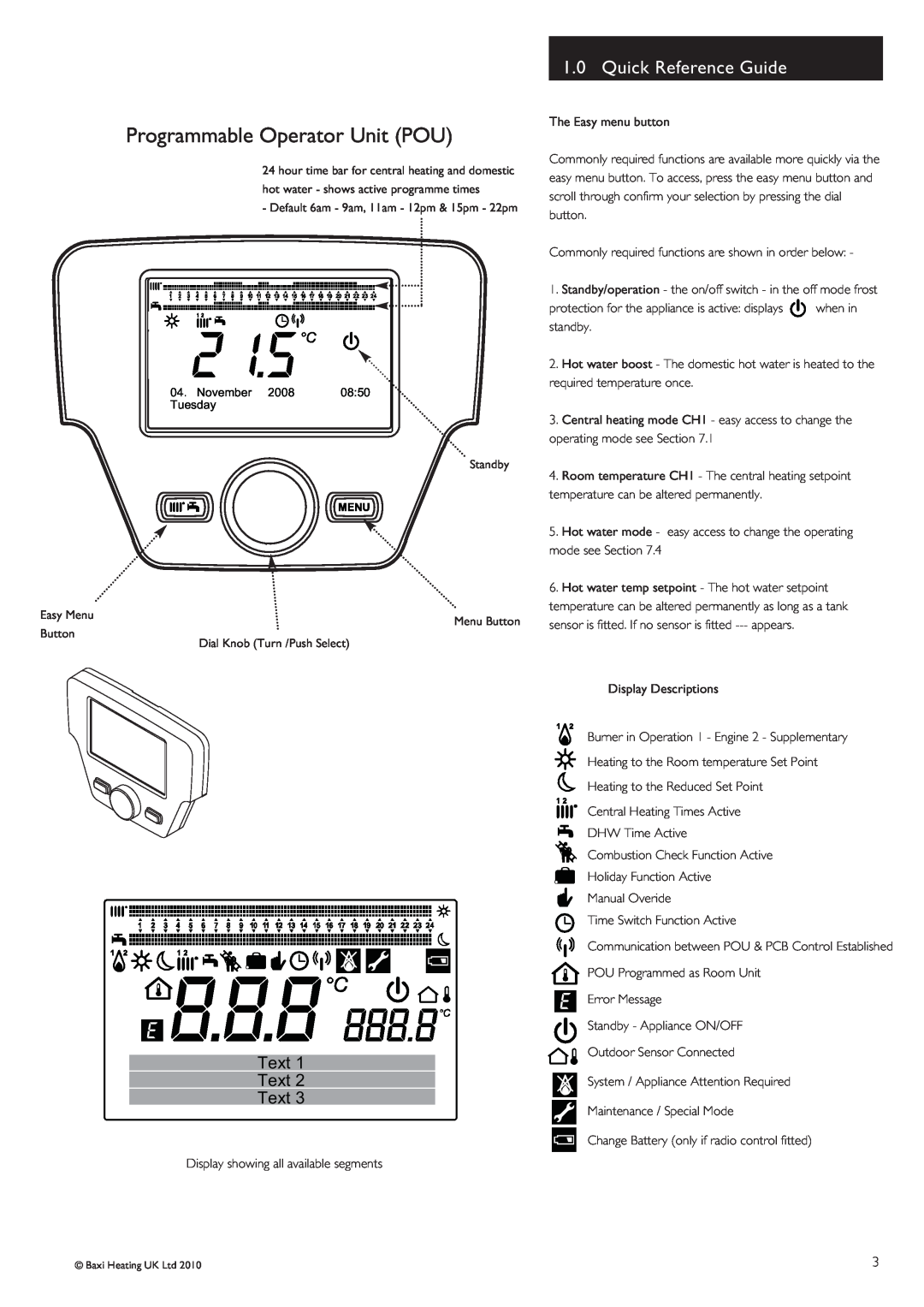 Baxi Potterton 24/1.0 operating instructions Quick Reference Guide, Text, Programmable Operator Unit POU 