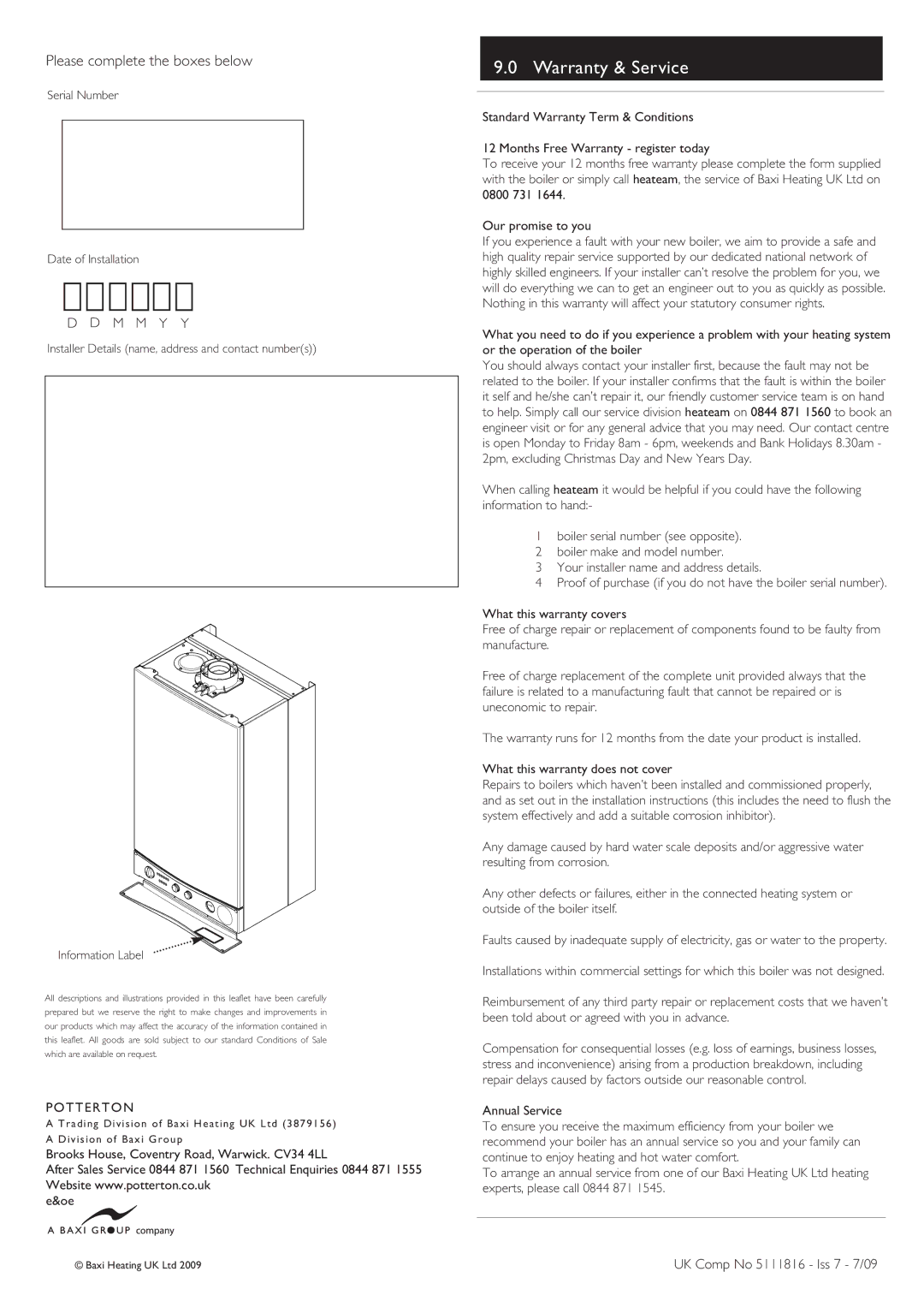 Baxi Potterton 30 HE warranty Warranty & Service, Please complete the boxes below 