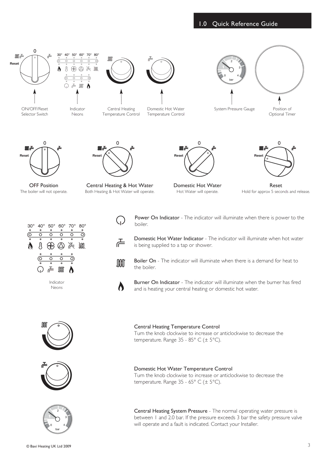 Baxi Potterton 30 HE warranty Quick Reference Guide, OFF Position Central Heating & Hot Water Domestic Hot Water 